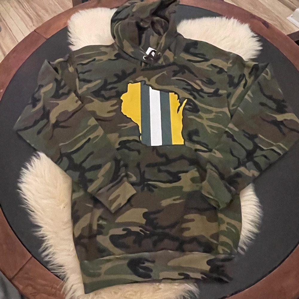 Camouflage Hoodie with Green Bay Wisconsin Graphic